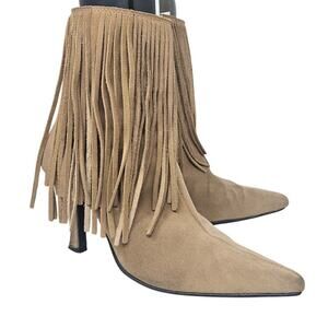 Vintage Y2K 10 Newport News Brown Leather Fringe Pointed Toe Boot Western Boho